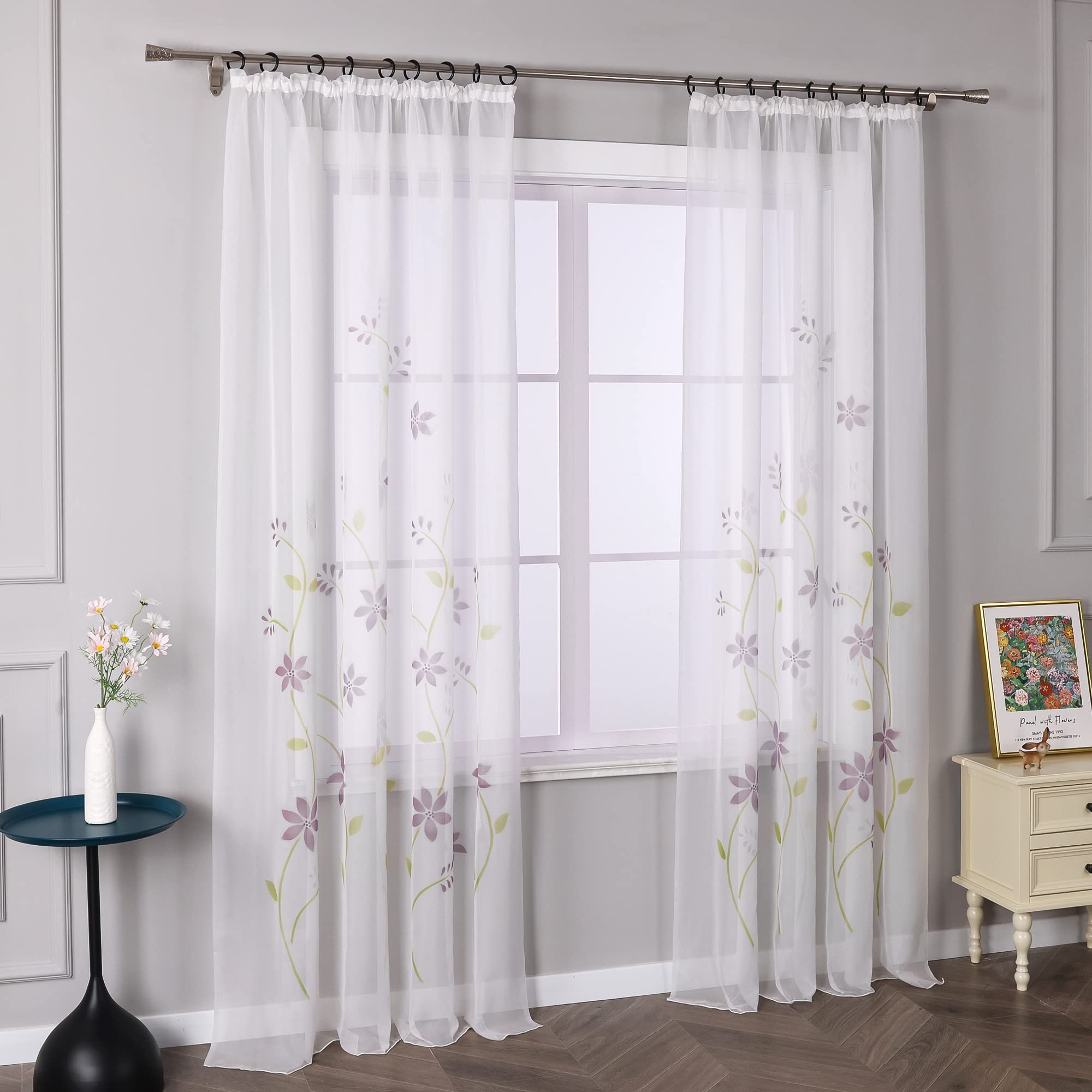 Yujiao Mao Voile Gardine mit Blumendruck Flowers farbenfrohe Vorhänge Schal mit Kräuselband 1er Pack Violett BxH 150x175cm