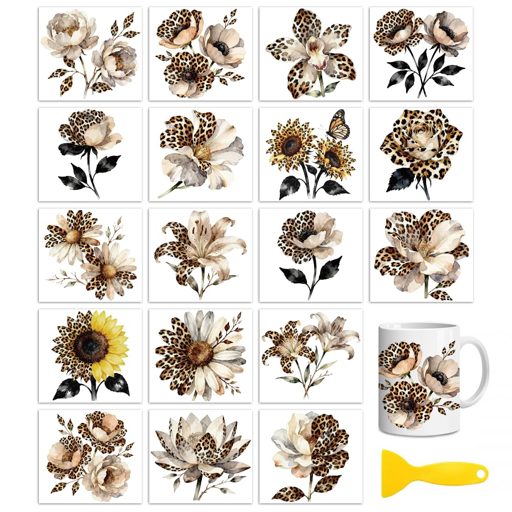 Peacoblue 18 Sheets Rub On Transfers for Crafts, Leopard Print Flower 3.6"x3.9" UV DTF Cup Wrap Waterproof Cold Transfers Stickers for Wood Glass Cup Tumblers Mirrors Mugs Home Decor