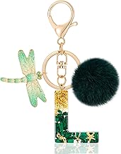 MWOOT Letter Keychain Initial Letter Key Ring, Alphabet Resin Key Chain with Dragonfly Plush Pendant Handbag Purse Charm, Green Keyring for Women