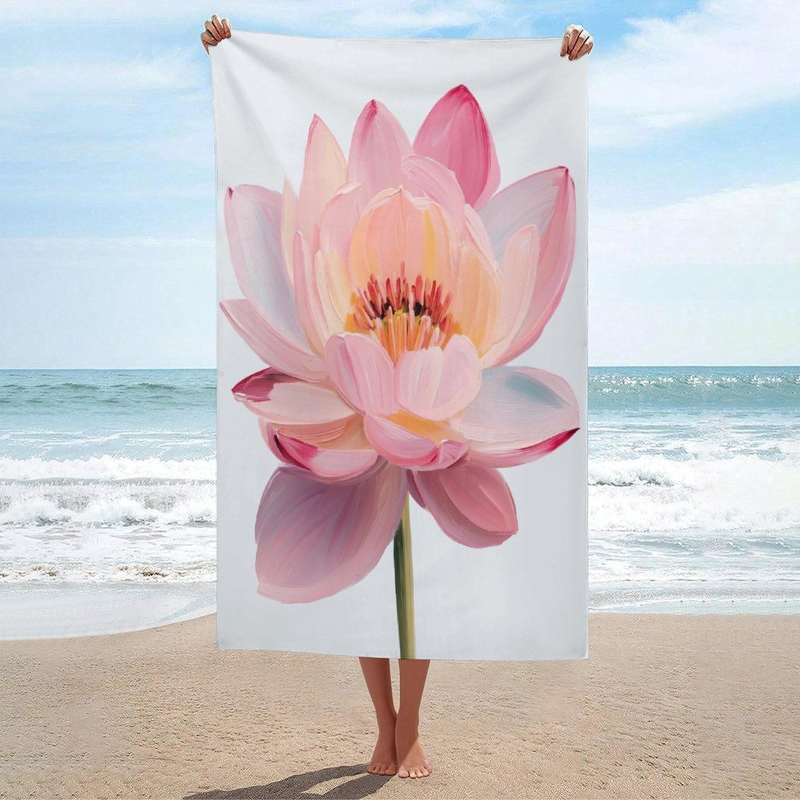 LSRCPD Opened Lotus Brushstrokes Impressionist Beach Towel Sand Free Microfiber Large Shower Towels Multipurpose Absorbent for Bathroom Pool 130x80 CM