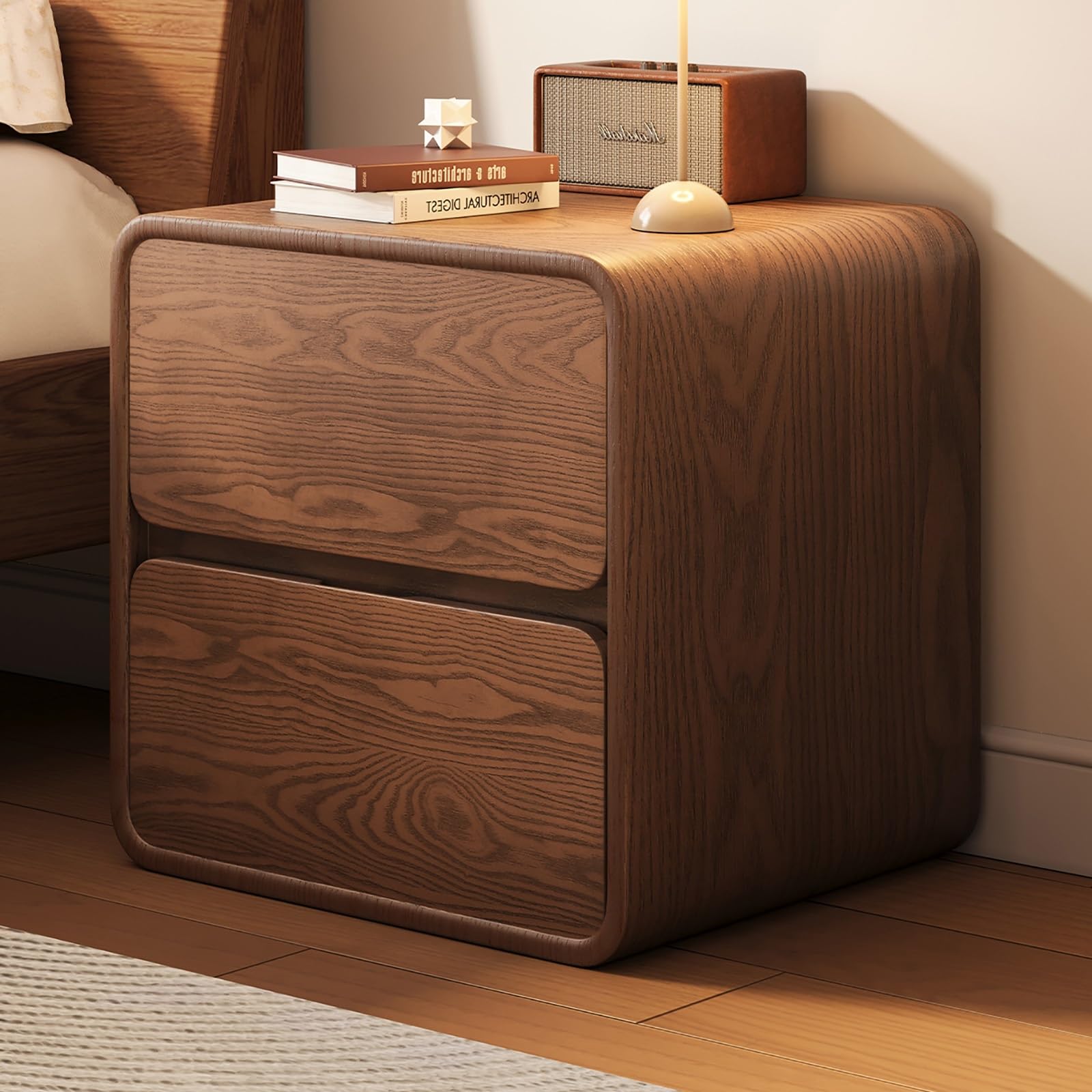 SOFACHEN Vintage Nightstand - PU surface, Bedside Table w/2 Storage Drawers and Hidden handles, No-installation integrated design, Bedside Cabinet for Bedroom, Living Room, Office(35cm)