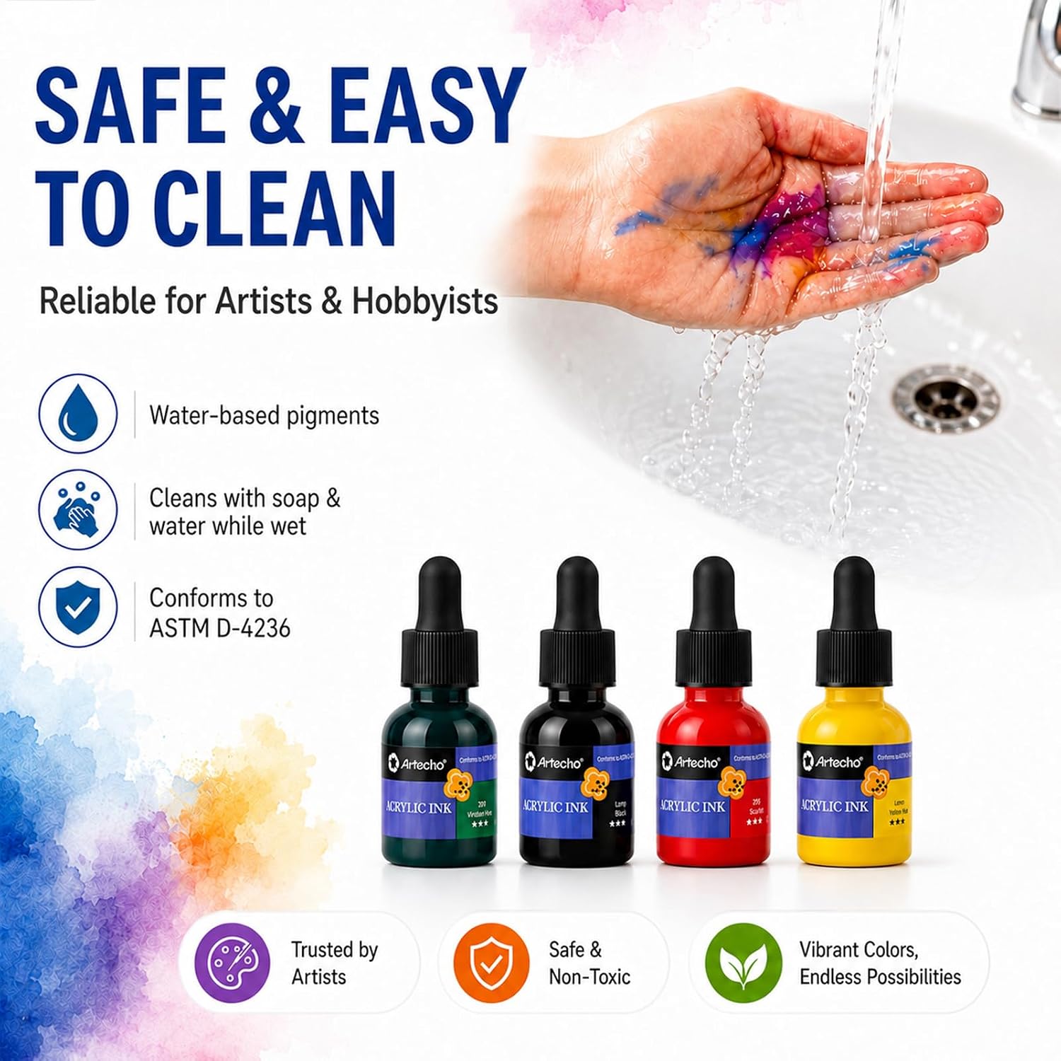 Artecho Acrylic Ink Set, 18 Colors, 20ml Dropper Bottles