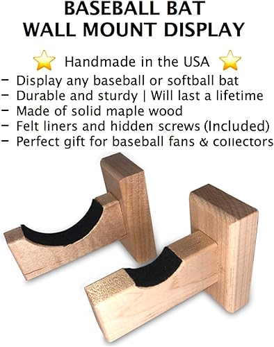 Miniatura 2 de Soporte de pared para bate de béisbol, hecho a mano en Estados Unidos, arce macizo con forro de fieltro y tornillos ocultos, colgador horizontal