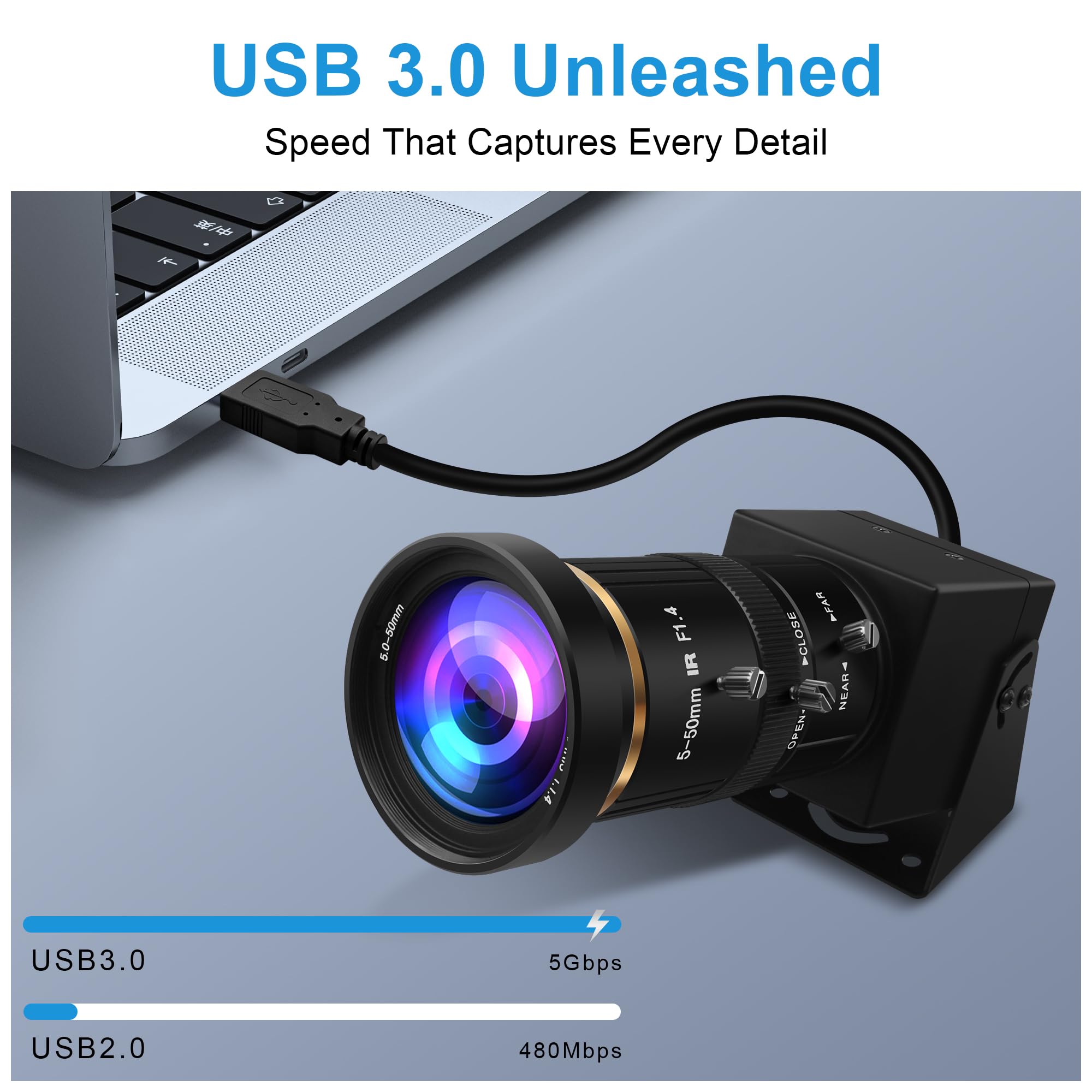 Cámara USB HDMI 4K, cámara USB 3.0 de alta velocidad de 60 fps con montura CS de 5 a 50 mm, lente teleobjetivo H.264 Zoom, cámara web para Windows Linux Android Mac OS