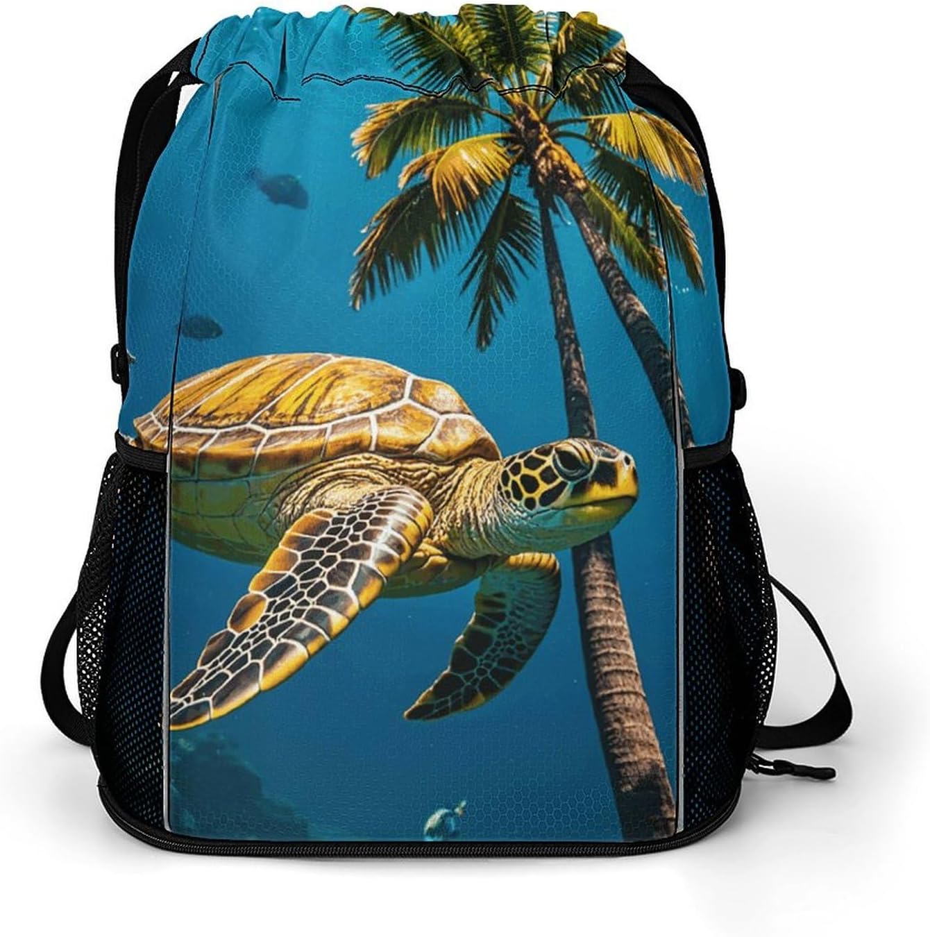 Fitness Drawstring Backpack Waterproof Gym Bag Palm Trees And Sea Turtles Diving Underwater Lightweight Dry And Wet Separation Swim Bag