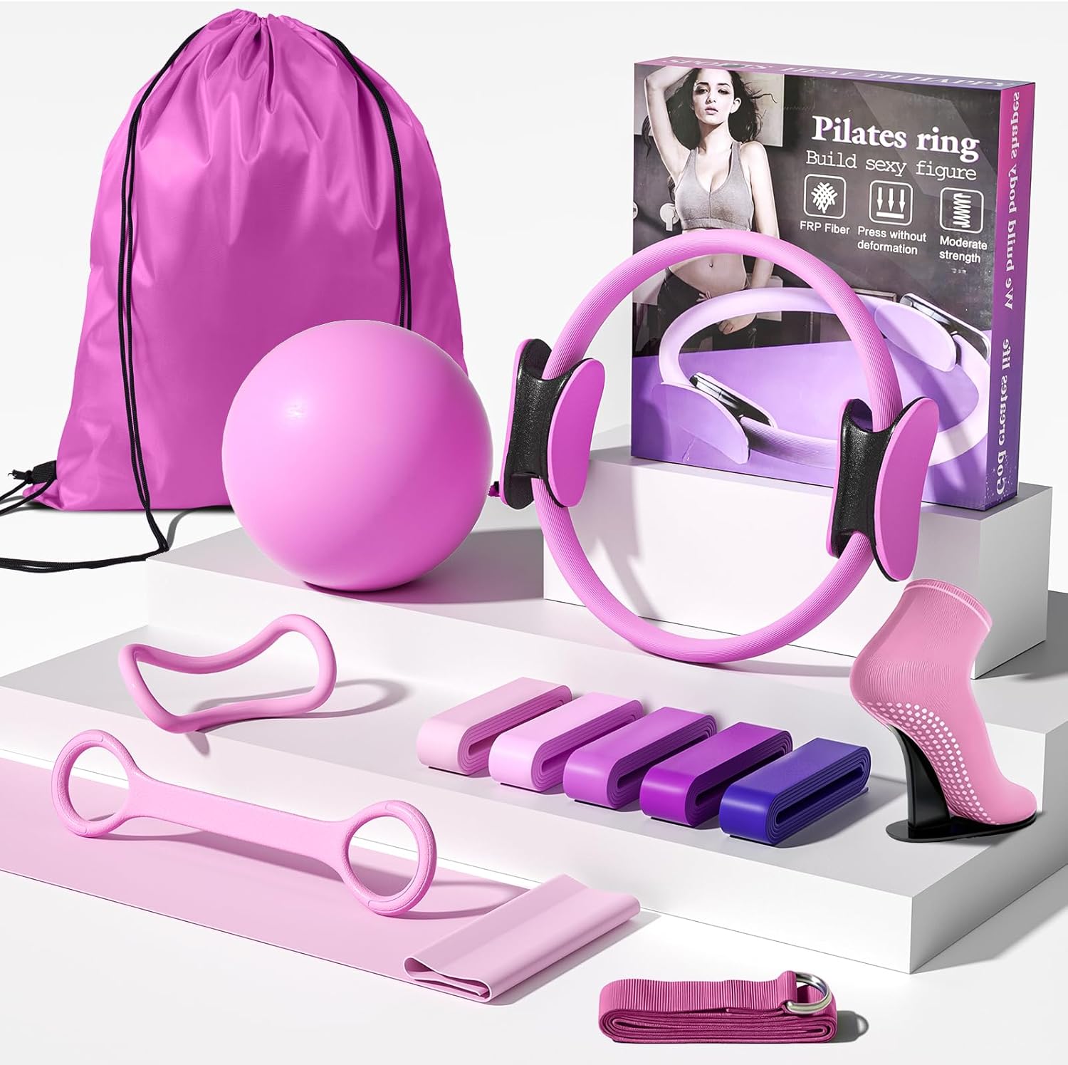 Pilates Kit for Women,15 Inch Magic Circle, 6 Multi-Level Resistance Bands,Yoga Ball Socks, Back Neck Stretcher ,14-Piece Full Body Toning Pilates Equipment for Beginners, 15 Min Daily Routine