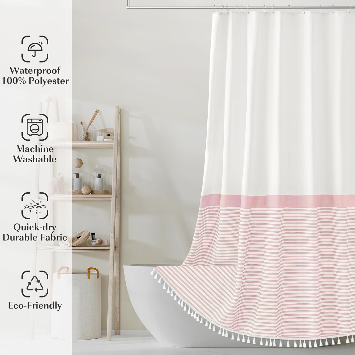Seasonwood Shower Curtain Tassel, Modern Farmhouse Tassel Pink Striped Shower Curtain with Tassels for Bathroom Decor, 72x72