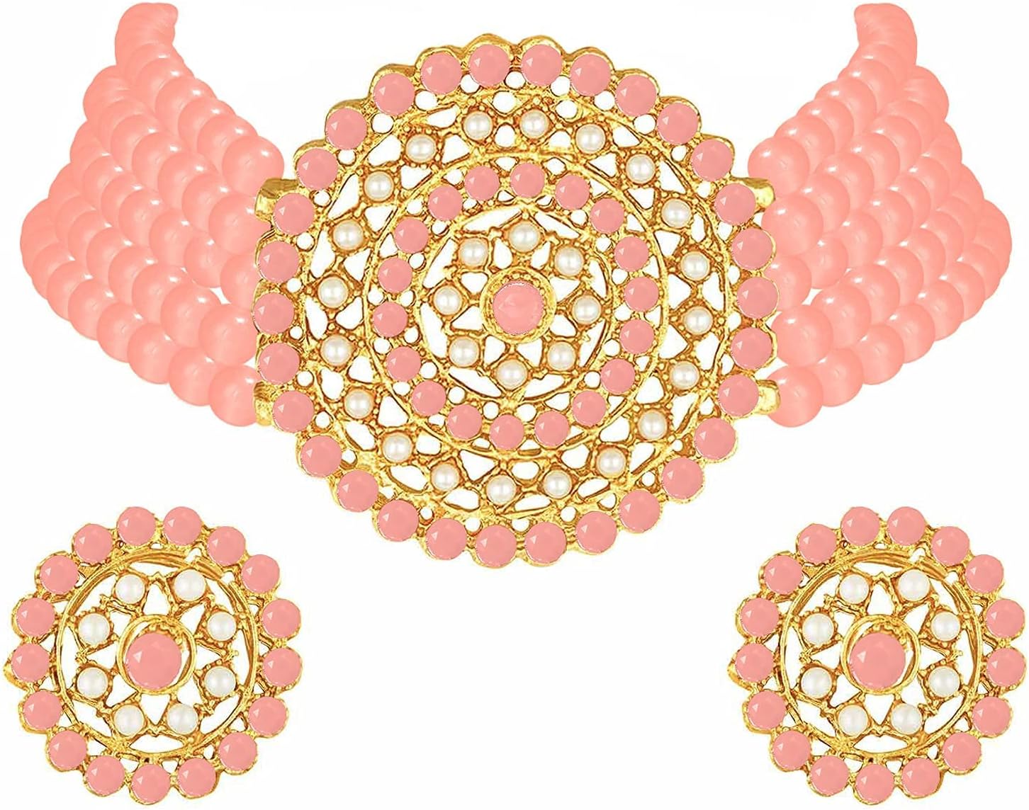 Aheli Pearl Diamond Choker Necklace & Round Earrings Gift for Women Indian Traditional Bollywood Fashion Bharatanatyam jewellery set