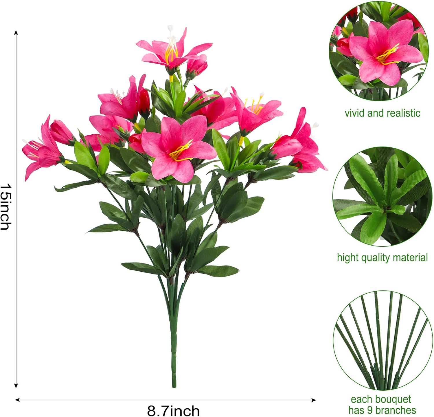 Ouddy Decor 8 Bundles Artificial Flowers for Outdoors, Fake Silk Flowers Azalea Plants UV Resistant for Summer Front Door Planter Garden Patio Window Box Balcony Walkway Home Decor, Fuchsia