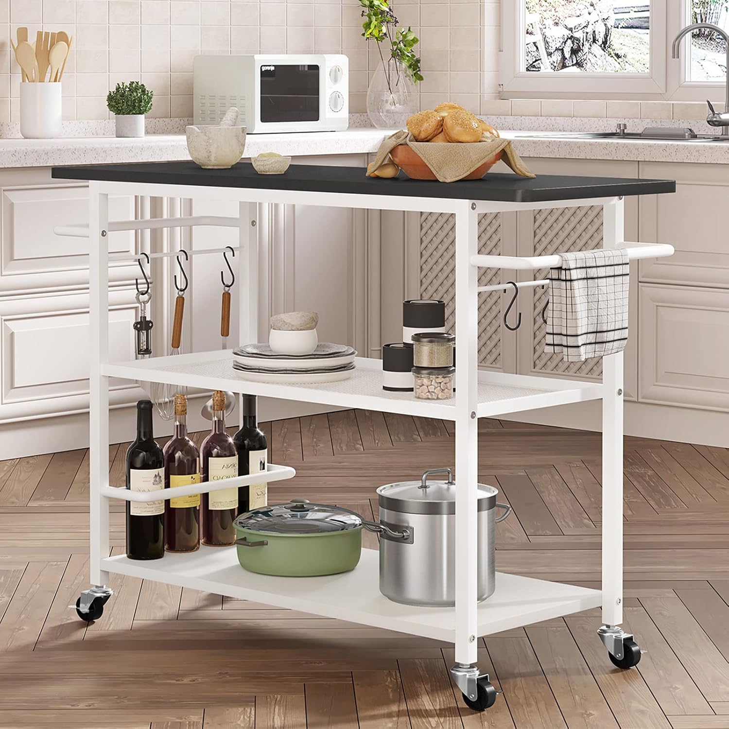 Hasuit 3 Tier Kitchen Island Cart on Wheels, Rolling Kitchen Island with Shelves and Handle for Home Kitchen…