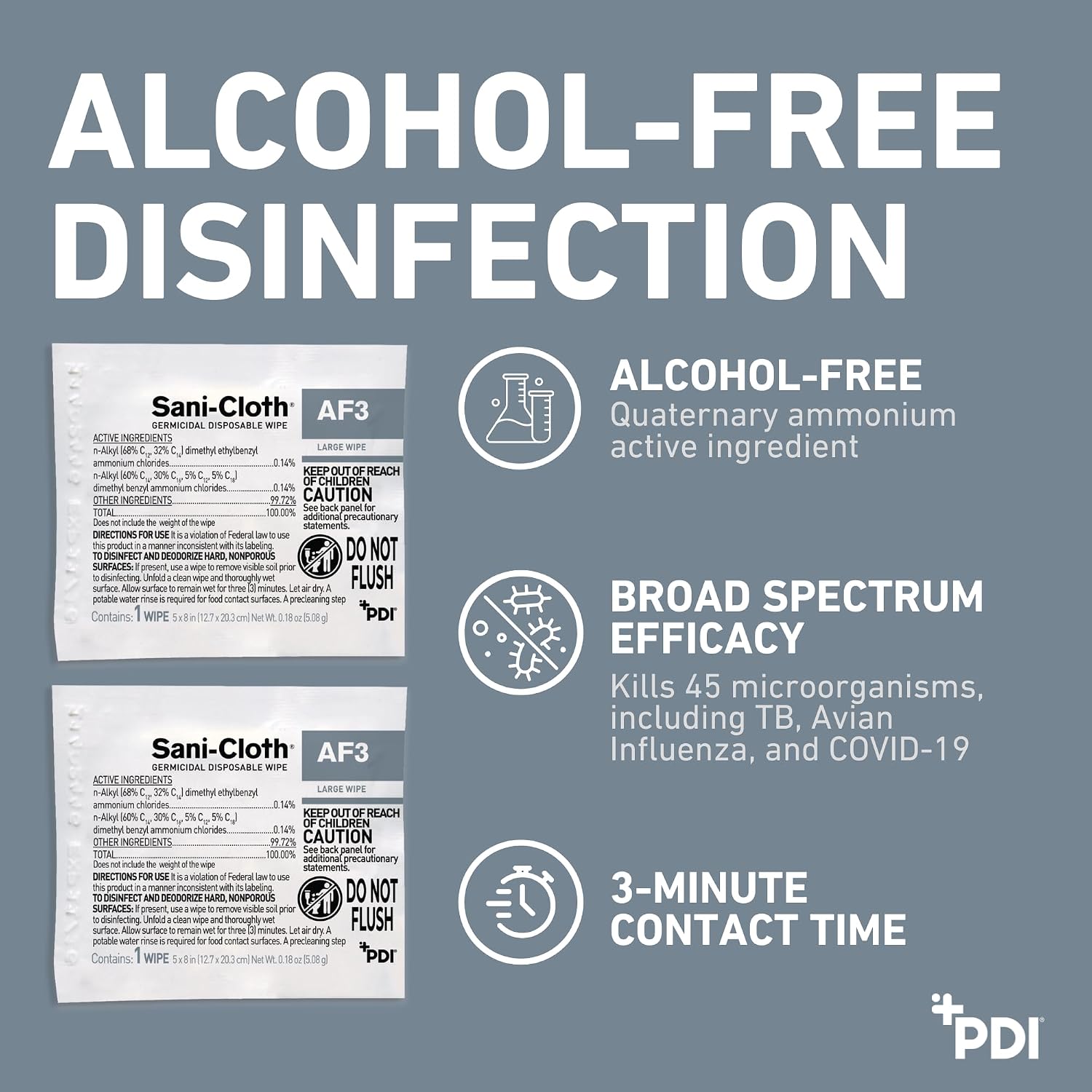 Sani-Cloth AF3 Large 5" x 8" Individual Packets, Alcohol and Fragrance Free Surface Disinfection, 1 Box of 50 Packets