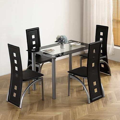 Miniatura 4 de Juego de mesa de comedor de 5 piezas con 1 mesa de comedor de cristal y 4 sillas, juego de mesa de comedor moderno para cocina y desayuno, comedor,