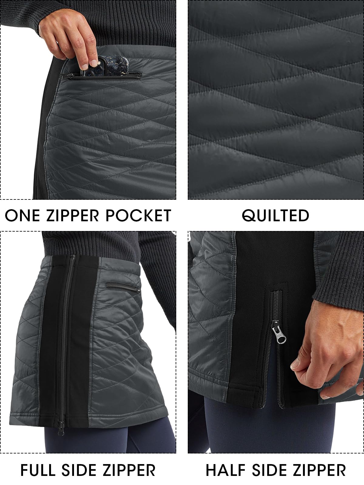 Fisoew Faldas acolchadas para mujer, con cremallera, aislantes, para senderismo, correr, golf, con bolsillos