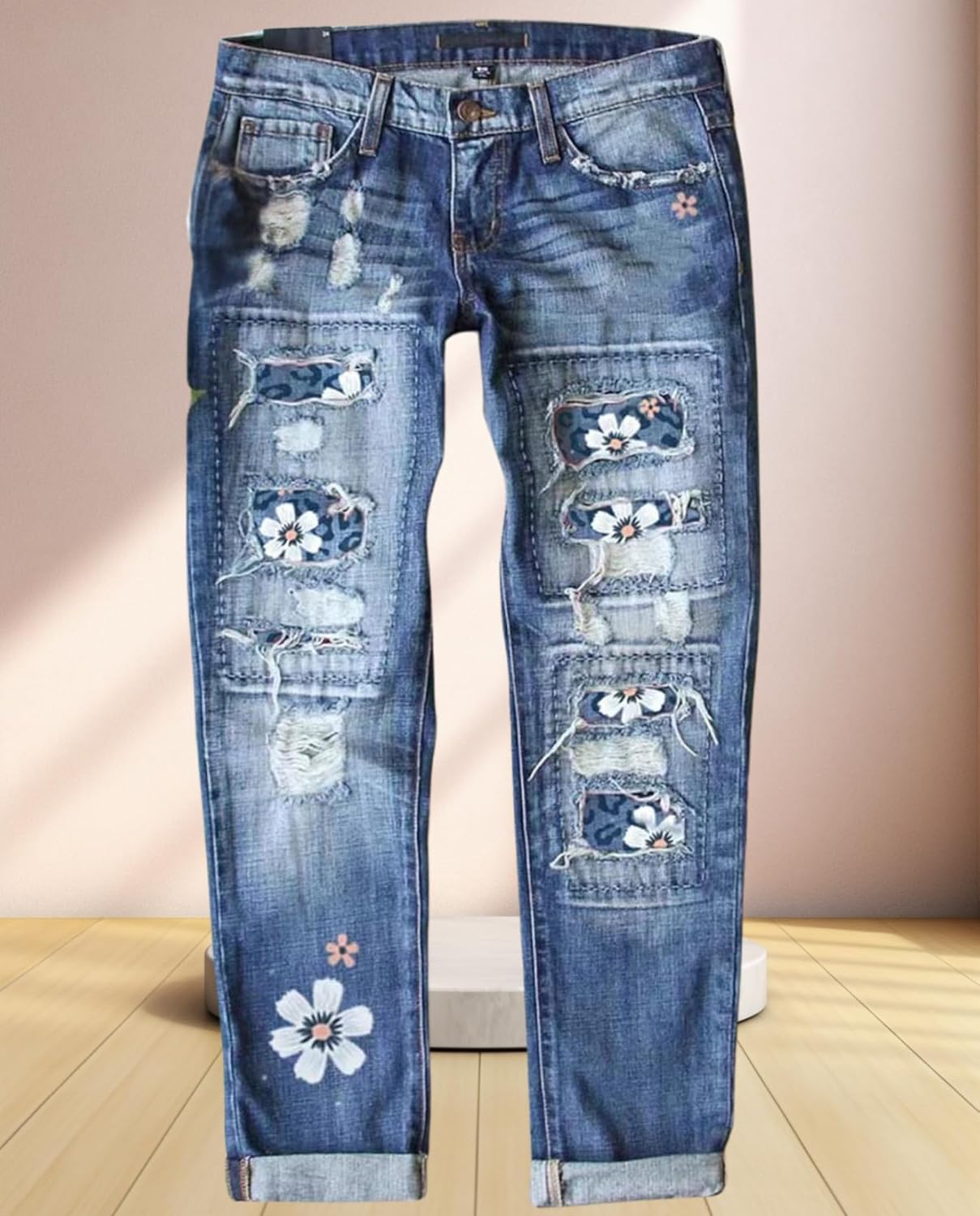 Women's Skinny Ripped Jeans - Mid-Rise Stretch Denim with Destroyed Holes & Retro Plaid Patch Design​