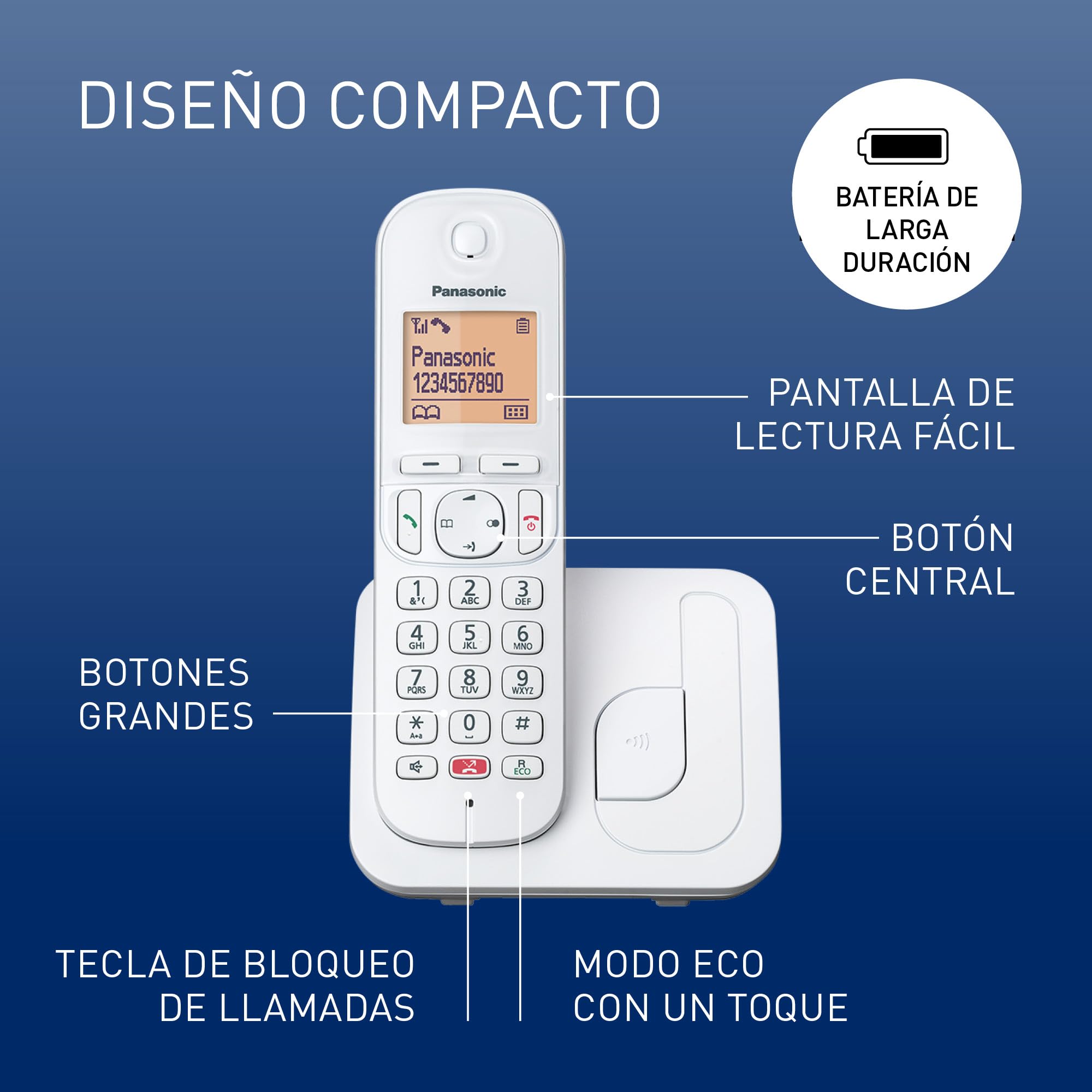 Panasonic KX-TGC250SPW Teléfono Inalámbrico Digital Para Personas Mayores Con Bloqueo De Llamadas, Pantalla Fácil De Leer, Altavoz Manos Libres, Reloj Despertador, Auricular Único, Blanco. — view 2
