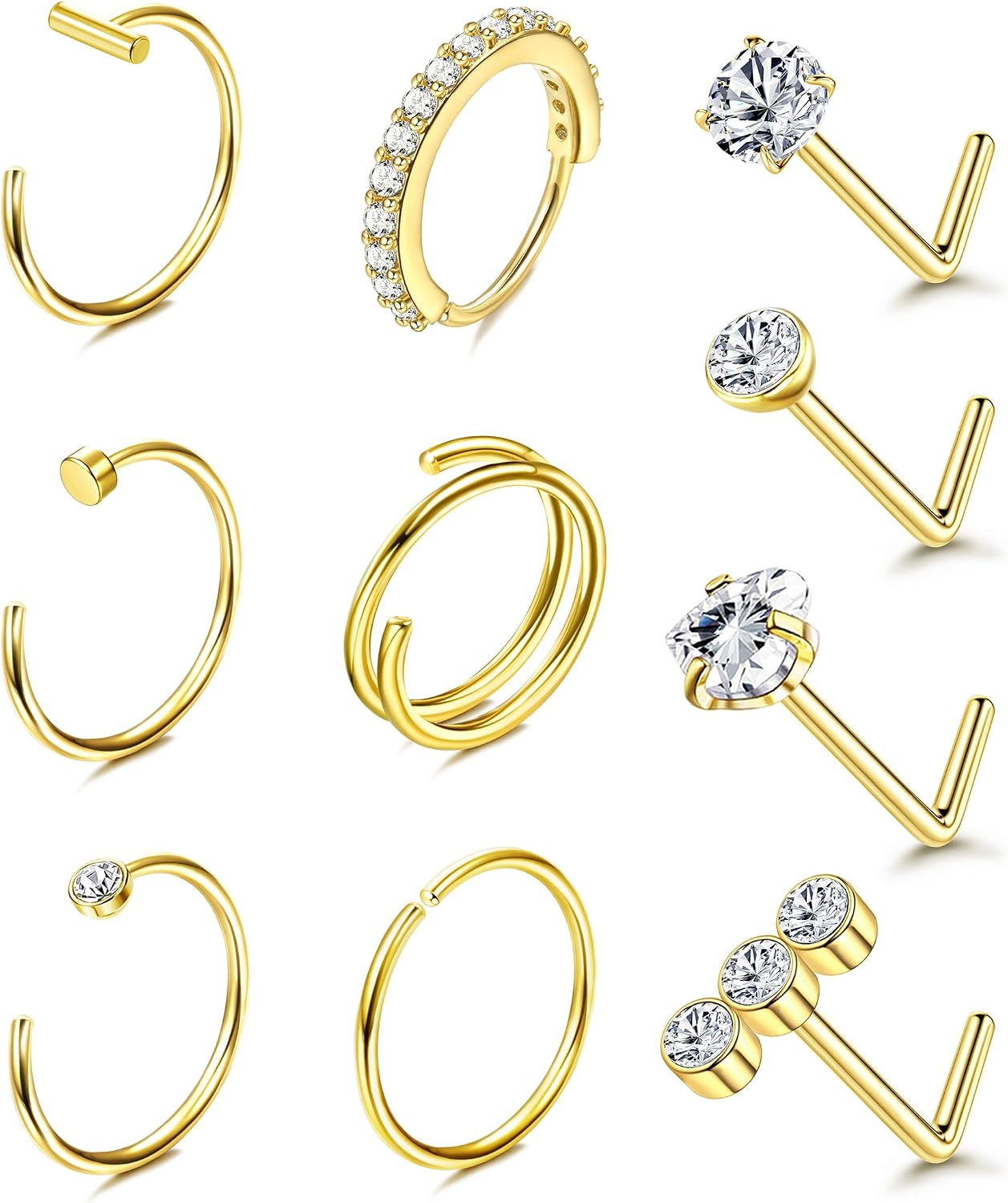 Besteel 14K Gold Filled Nose Ring Studs 20G Nose Rings Hoops Stud 316L Stainless Steel Nose Rings Round CZ Heart L Shaped Nose Stud Hypoallergenic Nostril Piercing Jewelry for Women Men 10Pcs