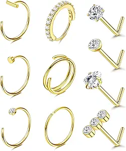 Besteel 14K Gold Filled Nose Ring Studs 20G Nose Rings Hoops Stud 316L Stainless Steel Nose Rings Round CZ Heart L Shaped Nose Stud Hypoallergenic Nostril Piercing Jewelry for Women Men 10Pcs