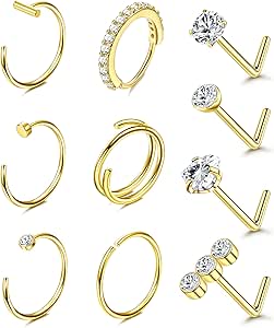 Besteel 14K Gold Filled Nose Ring Studs 20G Nose Rings Hoops Stud 316L Stainless Steel Nose Rings Round CZ Heart L Shaped Nose Stud Hypoallergenic Nostril Piercing Jewelry for Women Men 10Pcs