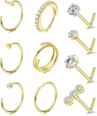 Besteel Nose Rings for Women 14K Gold Filled Hypoallergenic Nose Stud Hoops | 20G 316L Surgical Stainless Steel Double Nose Ring Cute Round CZ Heart L Shaped Nose Stud Dainty Nostril Piercing Jewelry