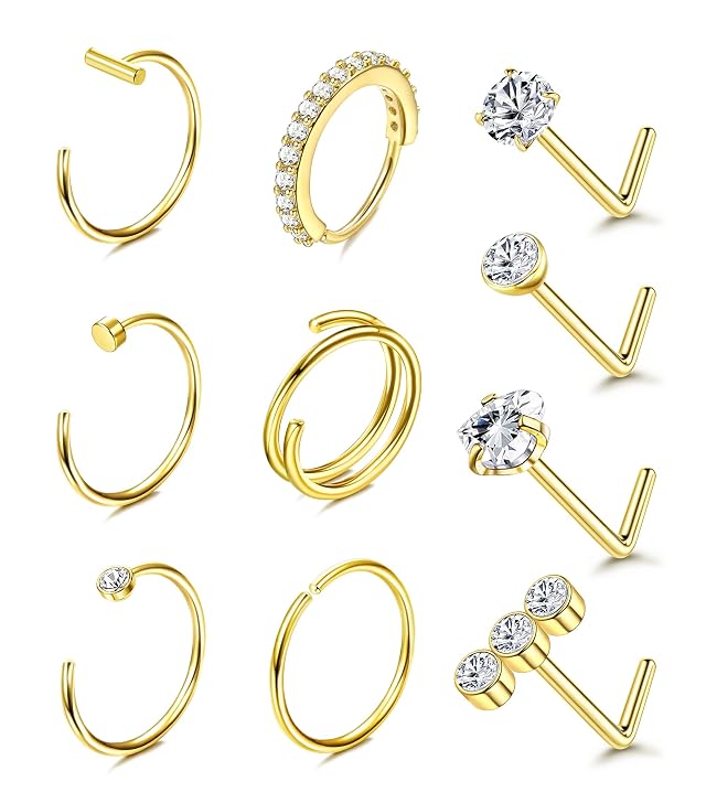 Besteel 14K Gold Filled Nose Ring Studs 20G Nose Rings Hoops Stud 316L Stainless Steel Nose Rings Round