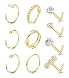 Besteel 14K Gold Filled Nose Ring Studs 20G Nose Rings Hoops Stud 316L Stainless Steel Nose Rings Round CZ Heart L Shaped Nose Stud Hypoallergenic Nostril Piercing Jewelry for Women Men 10Pcs