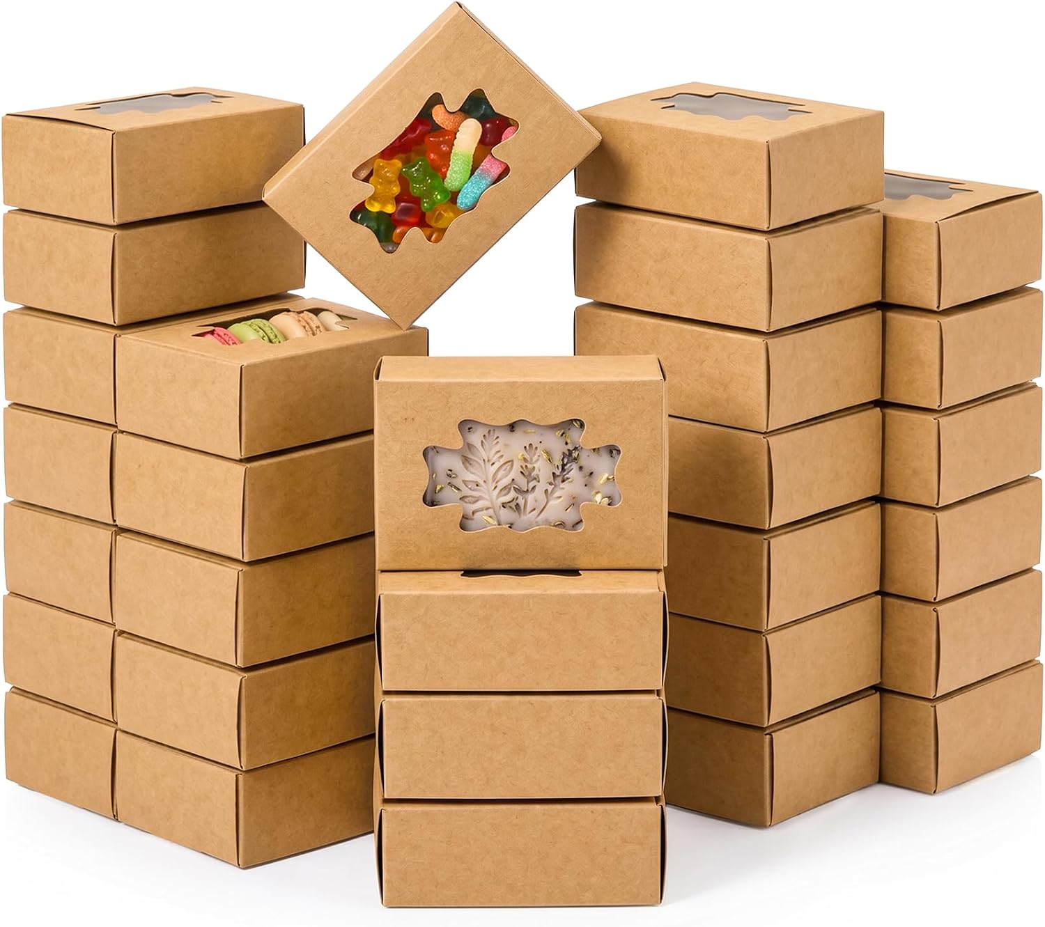 WRINGKIT 100 Pack Soap Boxes with Window, Kraft Paper Treat Cookies Boxes, Rectangle Small Soap Gift Wrappers Packaging Box, Soap Making Supplies for Bakery, Chocolate, Sweet, Jewelry Display