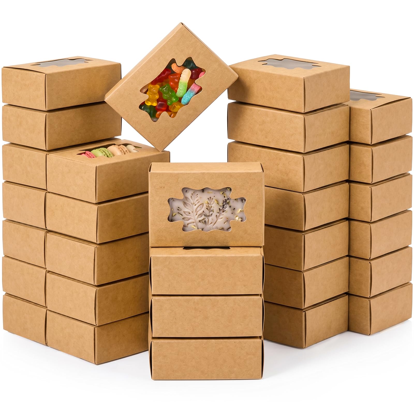 WRINGKIT 100 Pack Soap Boxes for Homemade Soap, Kraft Treat Boxes with Window, Rectangle Soap Wrappers Packaging, Soap Making Supplies for Bakery, Candy, Chocolate, Jewelry Display, 9.7x7x3cm