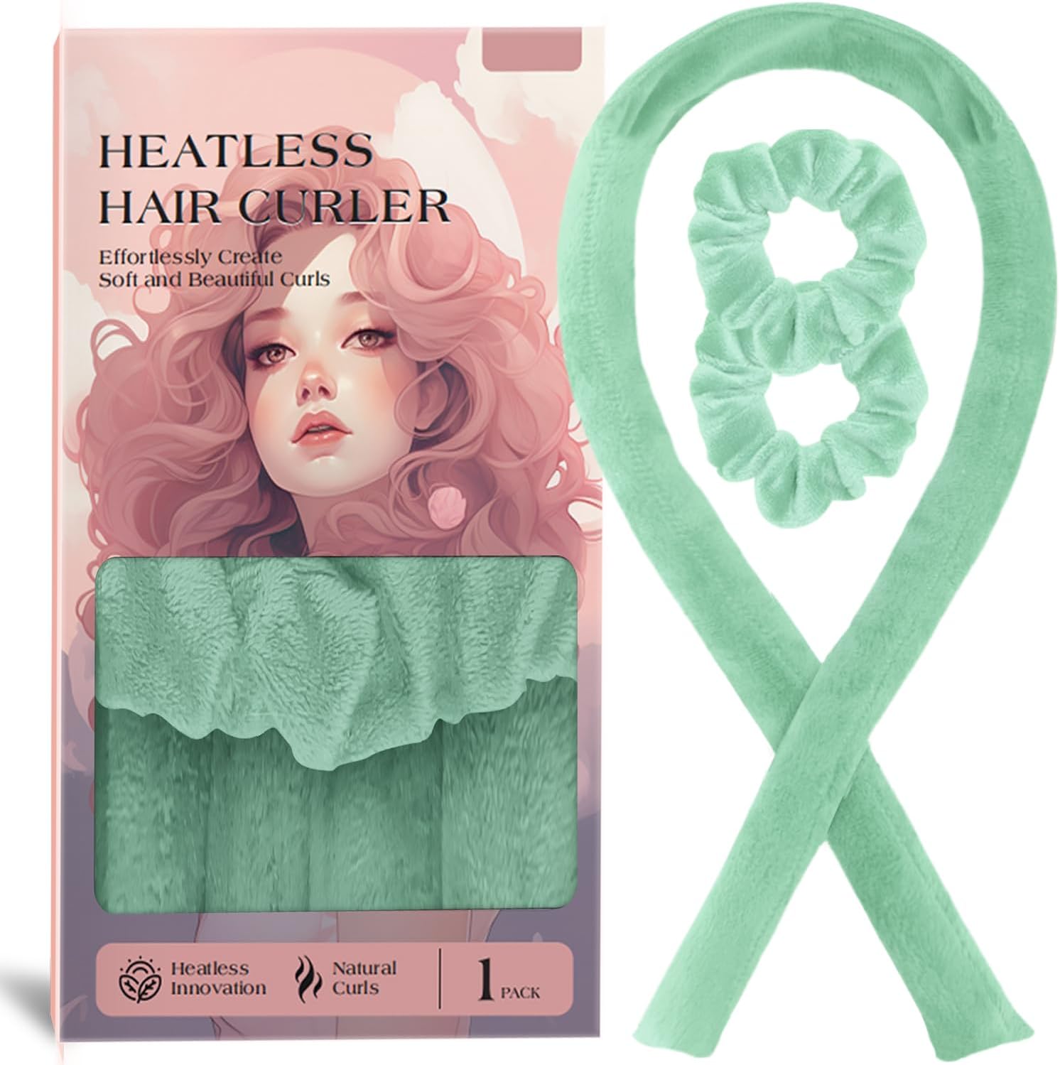 Heatless Hair Curler- Styling Overnight Curling Rod Headband Set, No Heat Hair Rollers for Long Hair to Sleep in, Hair Accessories for Women with Scrunchies (Green)