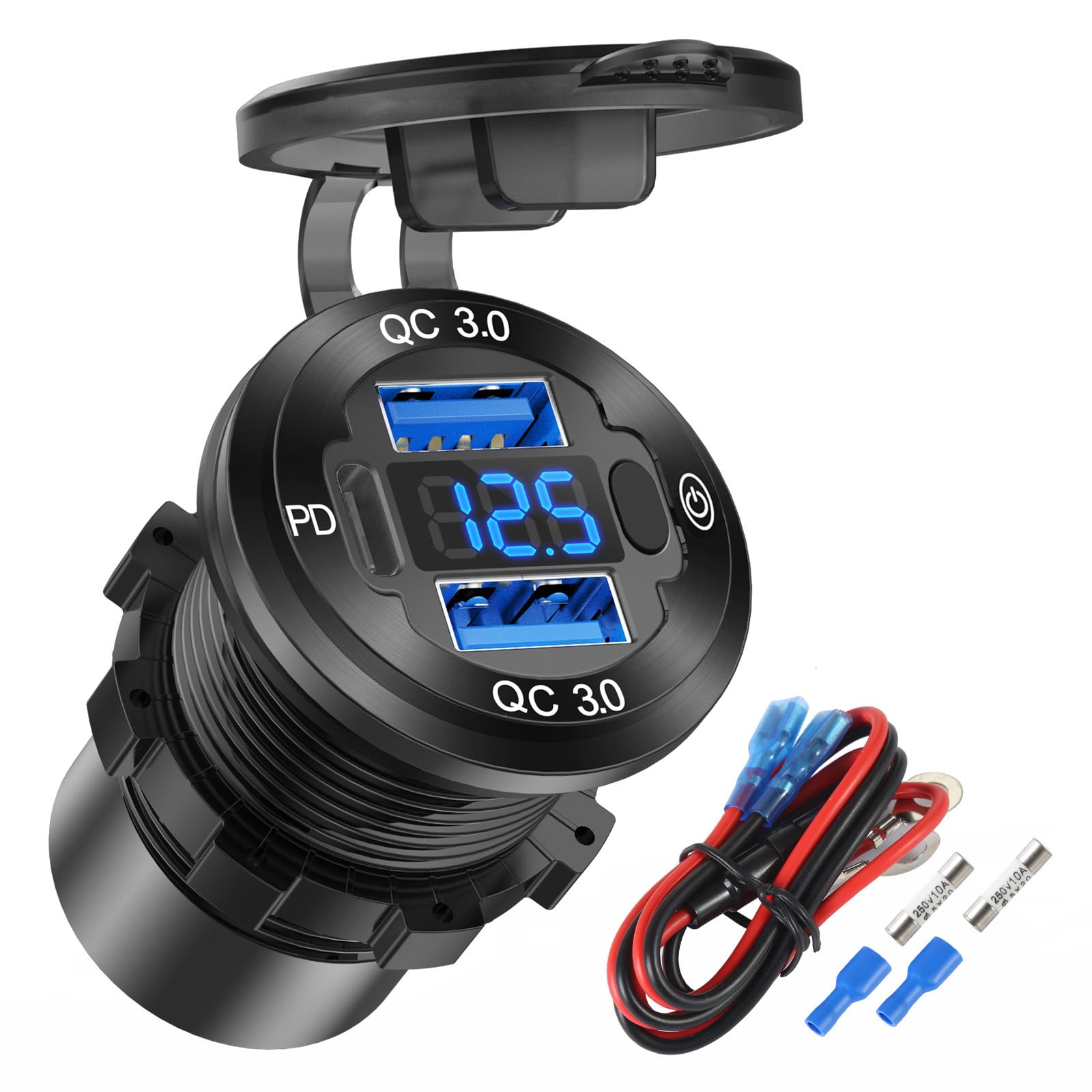 12V USB Outlet Wire Aluminum Car Charger Multi Port, Dual USB Quick Charge 3.0 Port and PD USB C Socket with Voltmeter Switch for Car Boat Marine Truck RV, Fast Charge for iPhone iPad Android Phones
