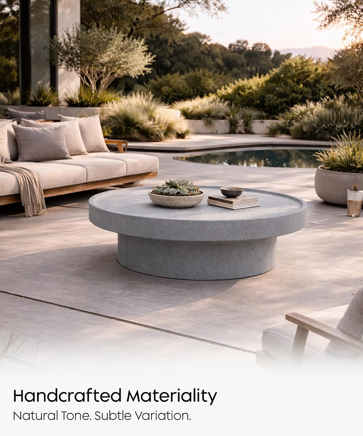 no.101 GFRC Concrete Coffee Table 39.3” - Handcrafted Round Modern Architectural Table, Weather Resistant, Indoor & Outdoor, 108 lbs Solid Cement Construction for Patio or Living Room