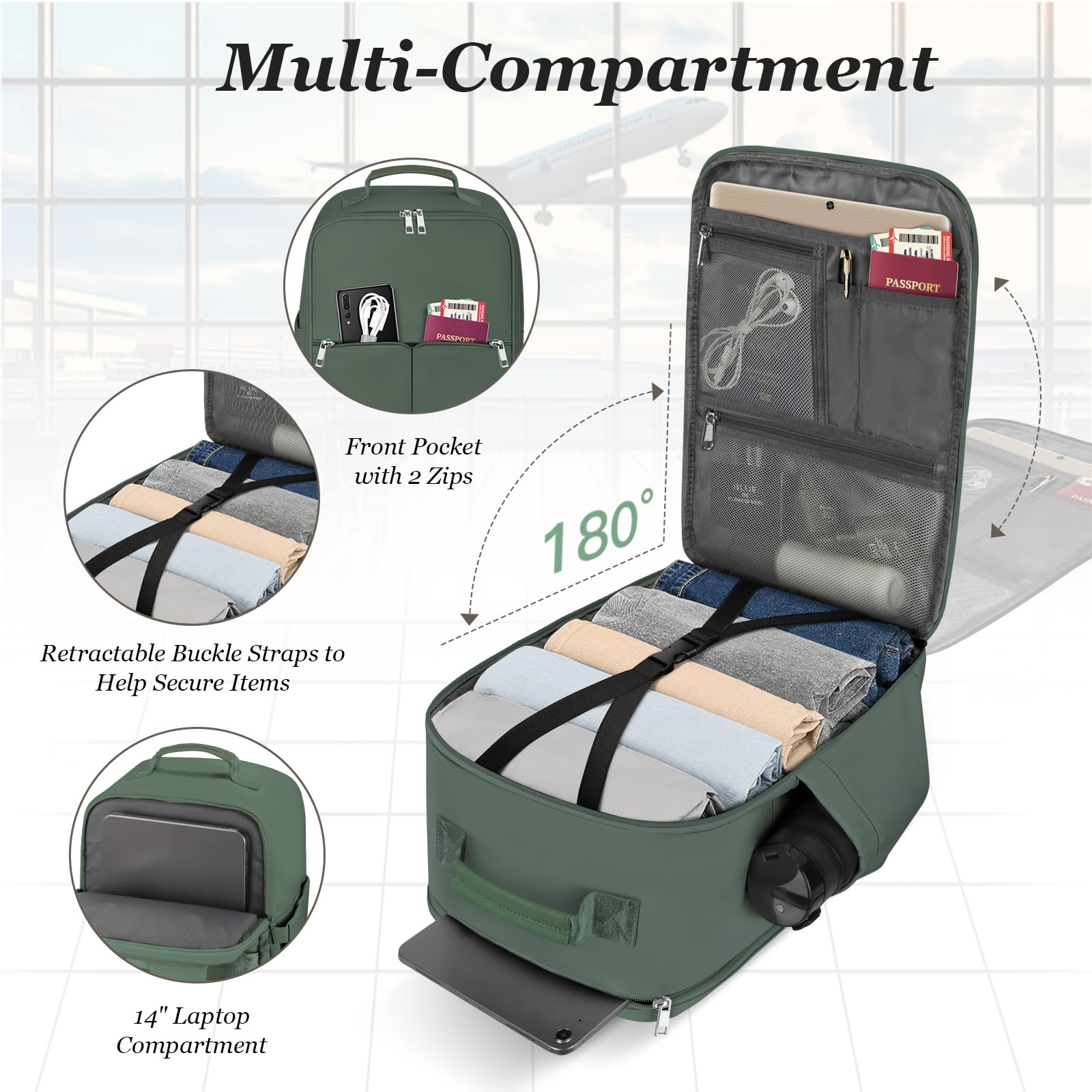 OTAHGK Borse da Cabina 40x20x25 per Ryanair Zaino da Viaggio Sotto il Sedile, Bagaglio a Mano Zaino da Cabina 20L, Zaino per Computer Portatile Piccola Borsa da Viaggio Zaino Travel Viaggio-Verde