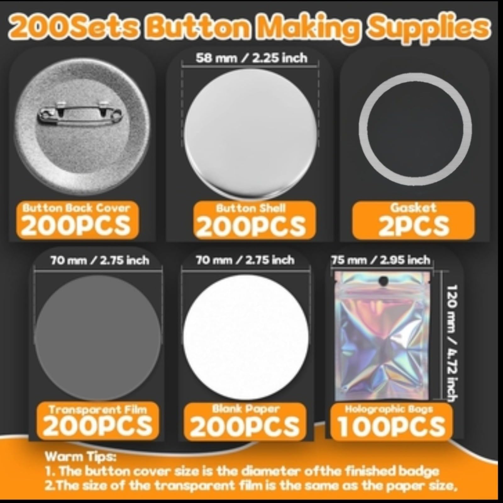 58 mm runder Knopfmacher mit leeren Papierbögen und transparenter Folie für DIY-Abzeichen und Anstecknadeln, kompatibel mit Standard-Maschinen