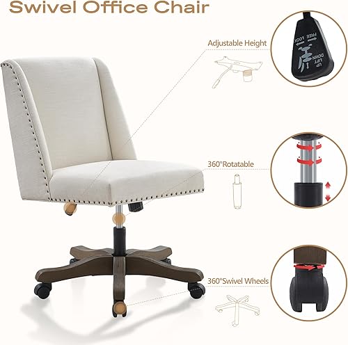 Miniatura 6 de Silla de oficina tapizada sin brazos con patas de madera, moderna y ajustable con tiras cruzadas, silla de escritorio para oficina en casa, sin