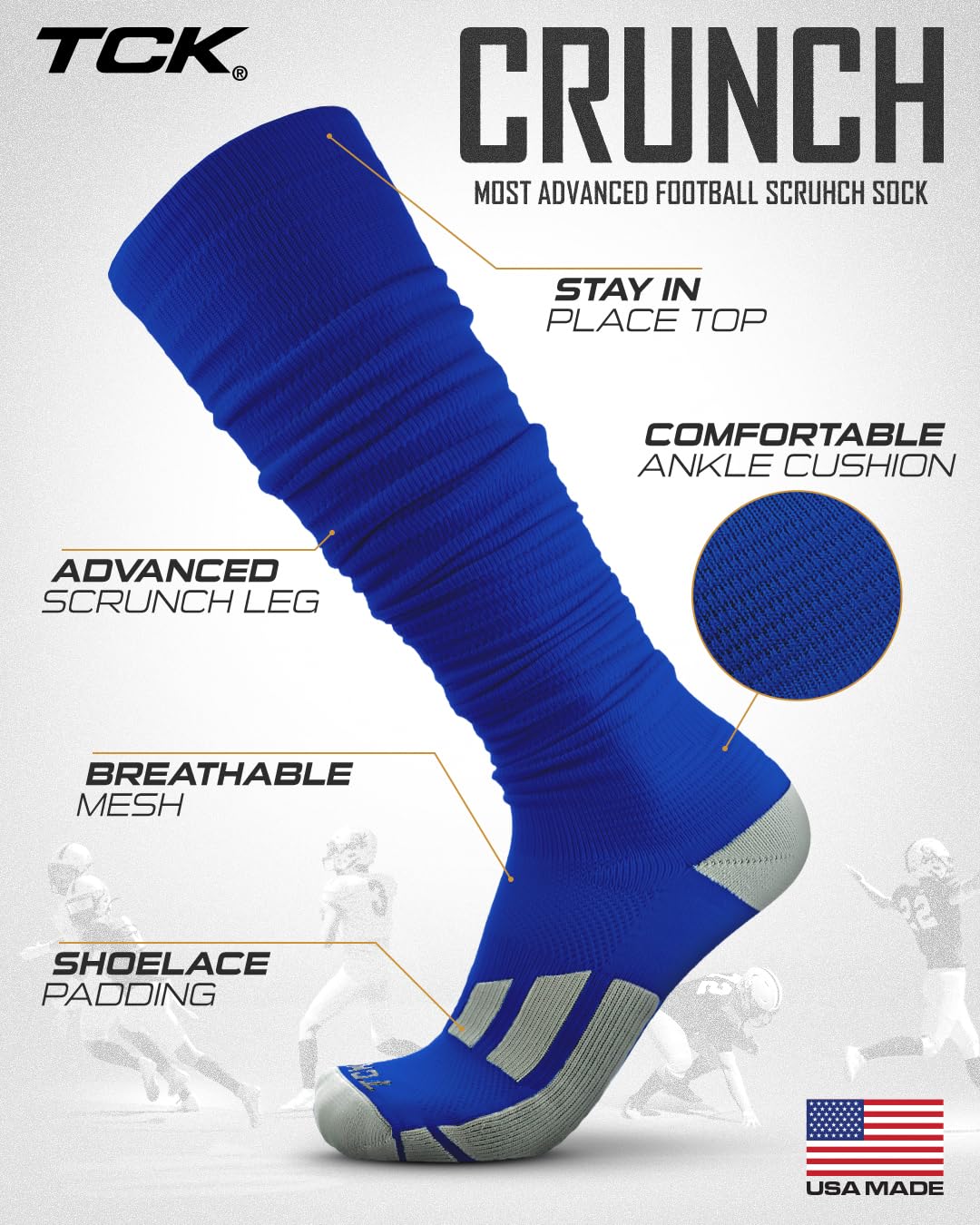 Calcetines de fútbol pre-apretados, extra largos que absorben la humedad sobre la pantorrilla para jóvenes, niños y hombres, fabricados en Estados Unidos