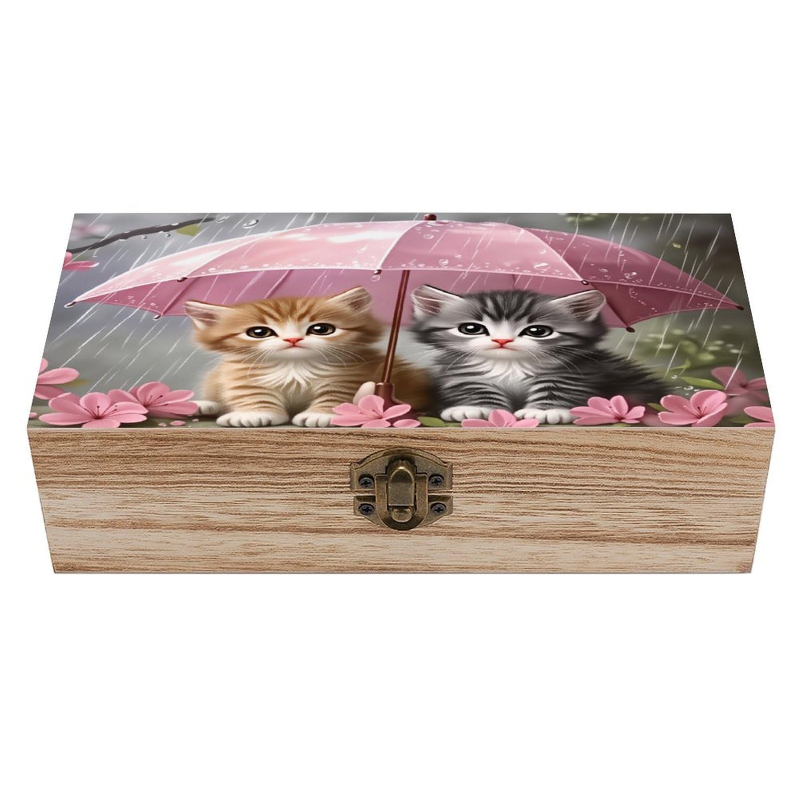 asbwuo Cat Is Sheltering from The Rain Under An Umbrella Vintage Wooden Keepsake B