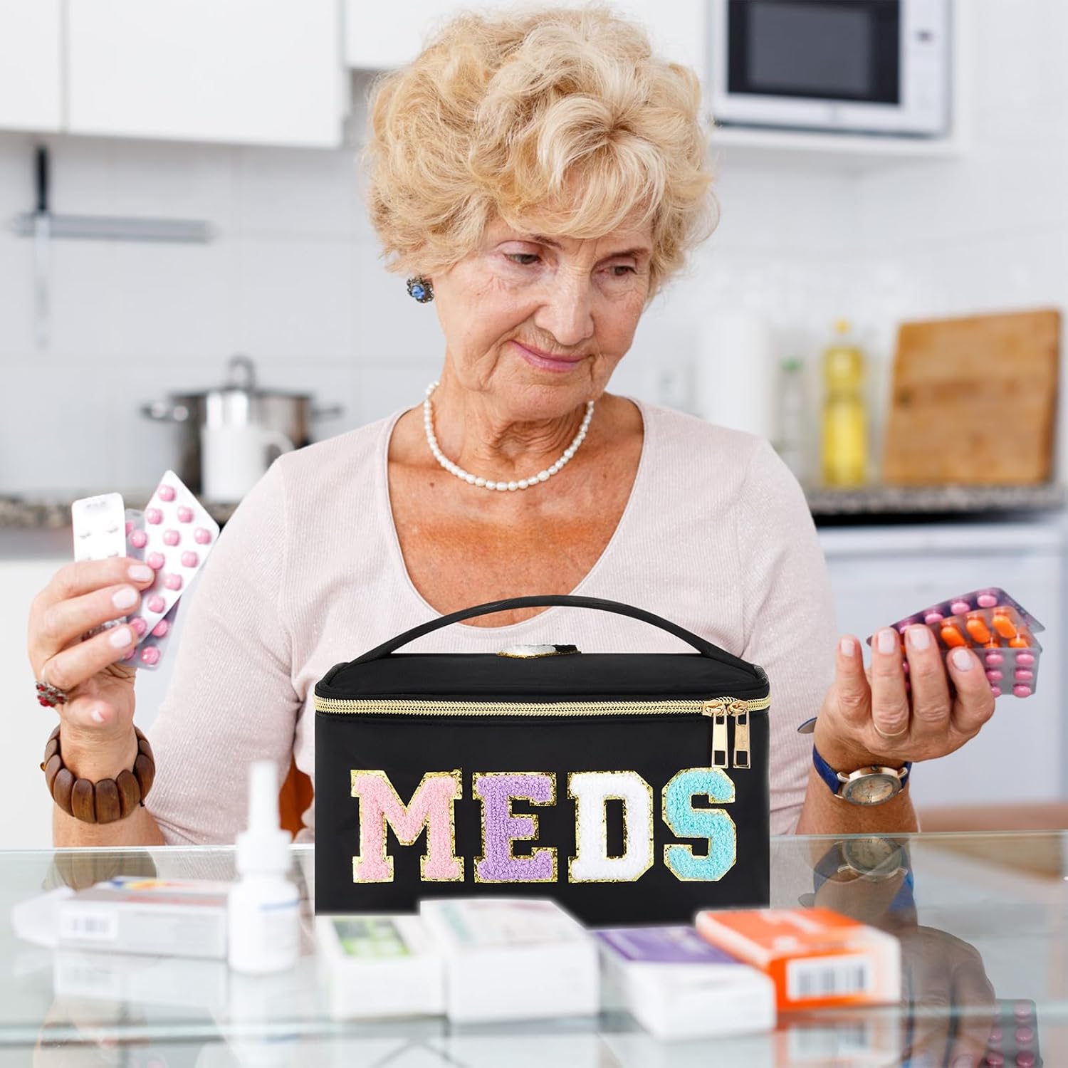 Geetery Clear Makeup Bag Chenille Letter Meds Bag Travel Cases Preppy Patch with Zipper, Portable Cosmetic Toiletry Storage case for Women(Meds,Black) - Image 5