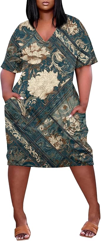 Floral Plus Size Dresses for Women Vintage V Neck Short Sleeve Dress with Pockets Lightweight Loose Casual Dresses