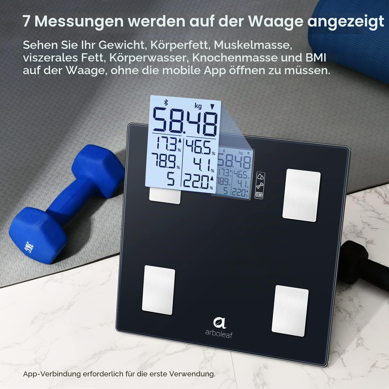 arboleaf Körperfettwaage mit App, Digital Personenwaagen, Körperanalysewaage für Körperfett