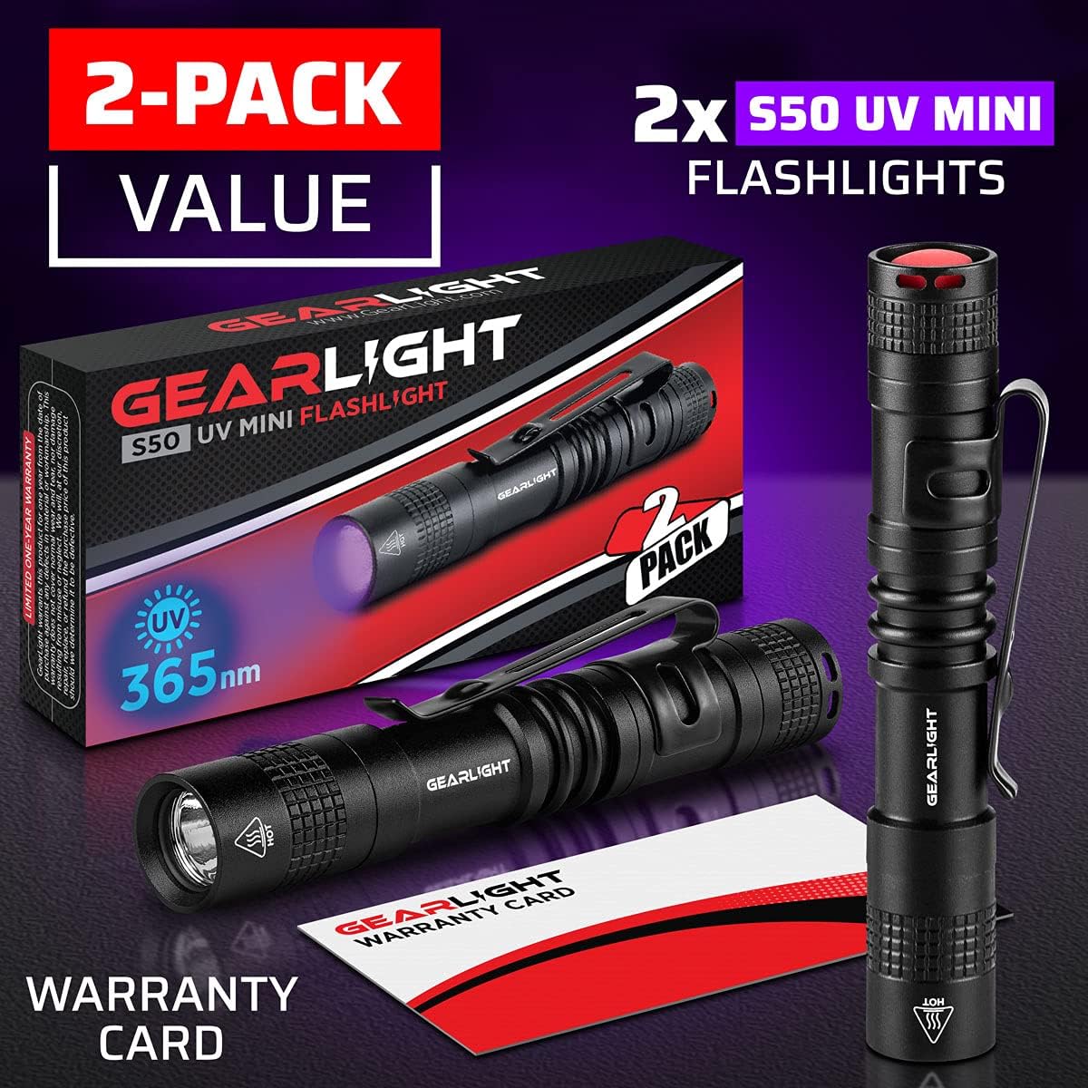 GearLight UV Flashlight S50-365 nm Mini Blacklight Ultraviolet Pen Flashlights for ID Check, Leak AC Detection, Resin Curing - Pet Urine, Scorpion, Stain Handheld Detector - (Pocket Light) - 2 Pack
