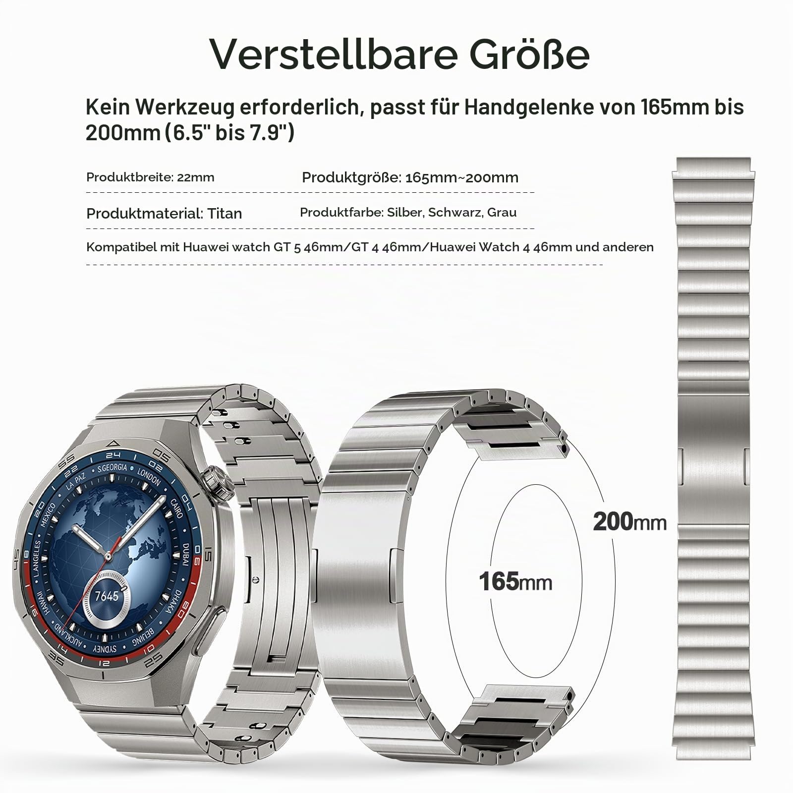 Titan Uhrenarmband Kompatibel mit Huawei Watch GT5 Pro 46mm/GT7 GT6 GT5/GT4/GT3/GT3 Pro/GT2 46mm/GT2 Pro/GT 2e Armband, Keine Lücken Luxuriöse Titanlegierung, Metall Ersatzbänder für Herren