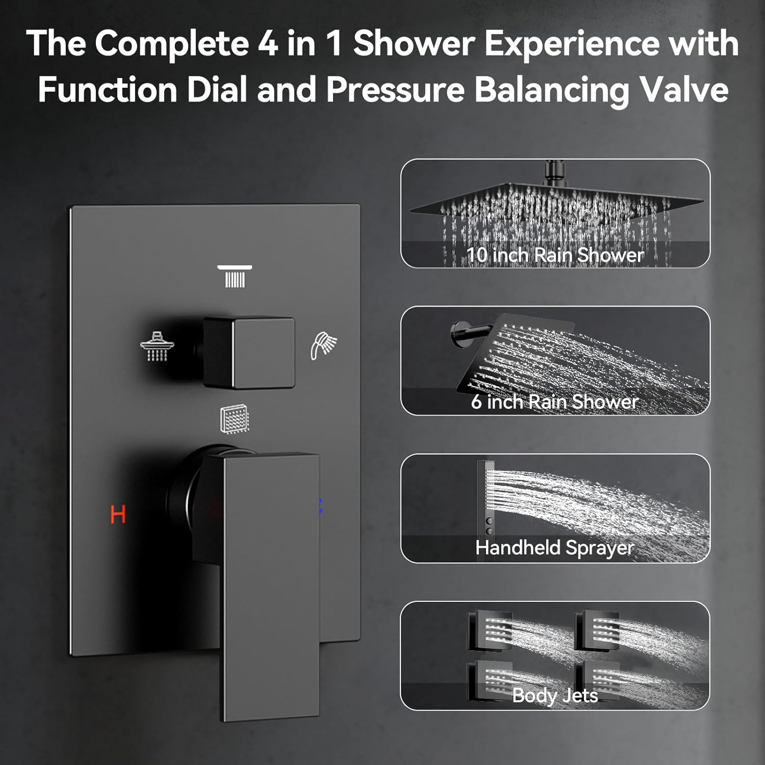 Shower System with Body Jets, Bostingner Four Modes Shower Set 10+6" Rain Shower Head with Handheld Spray 2 Ways, 4Pcs Shower Jets System in Wall Shower Faucet Sets Complete, Matte Black