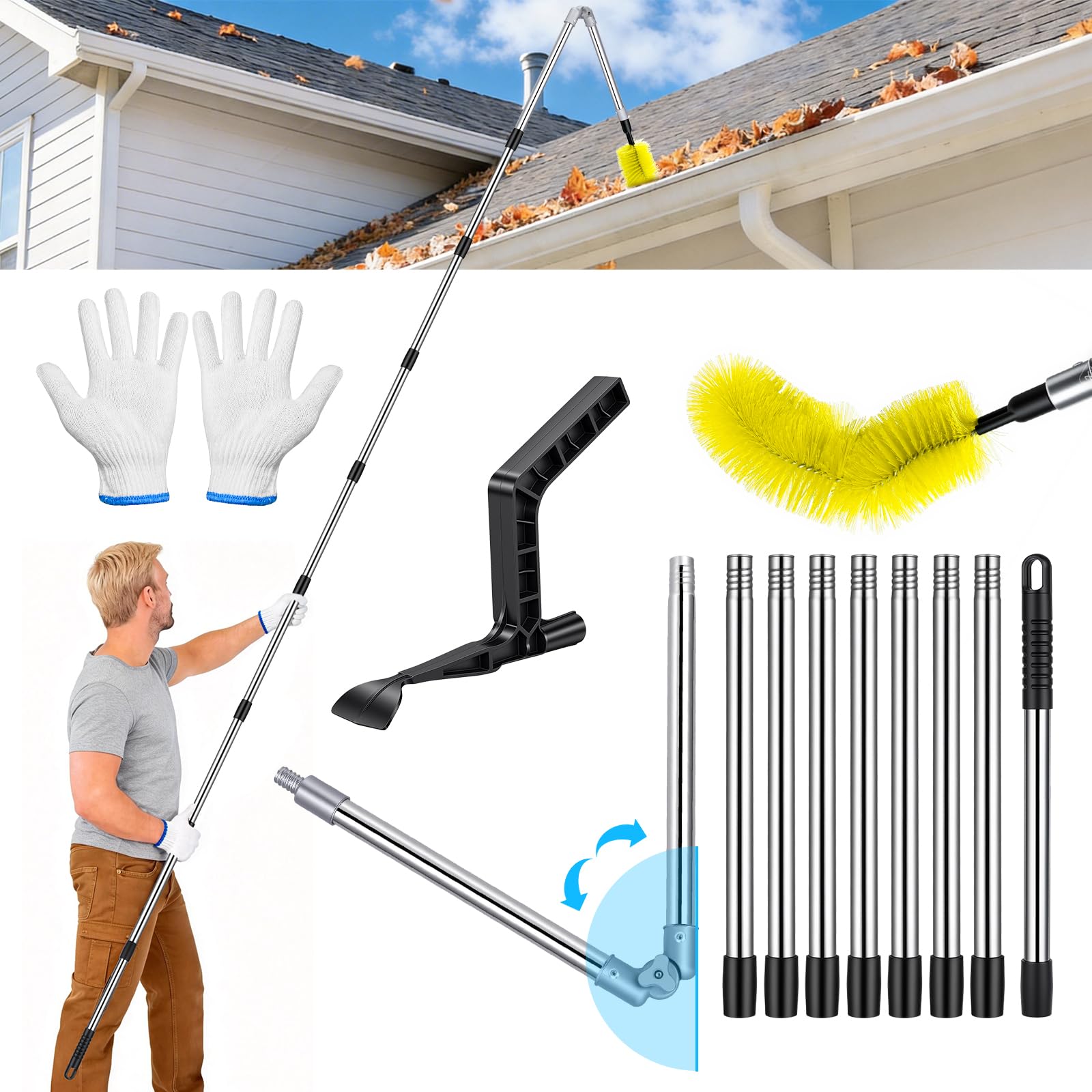 Photo 1 of Hysagtek 13FT Gutter Cleaning Tools - Adjustable Long-Reach Rain Gutter Cleaning Brush, No Ladder Needed Removes Leaf Debris from Roof Gutters, Leaf Cleaning Kit with Brushes & Shovel