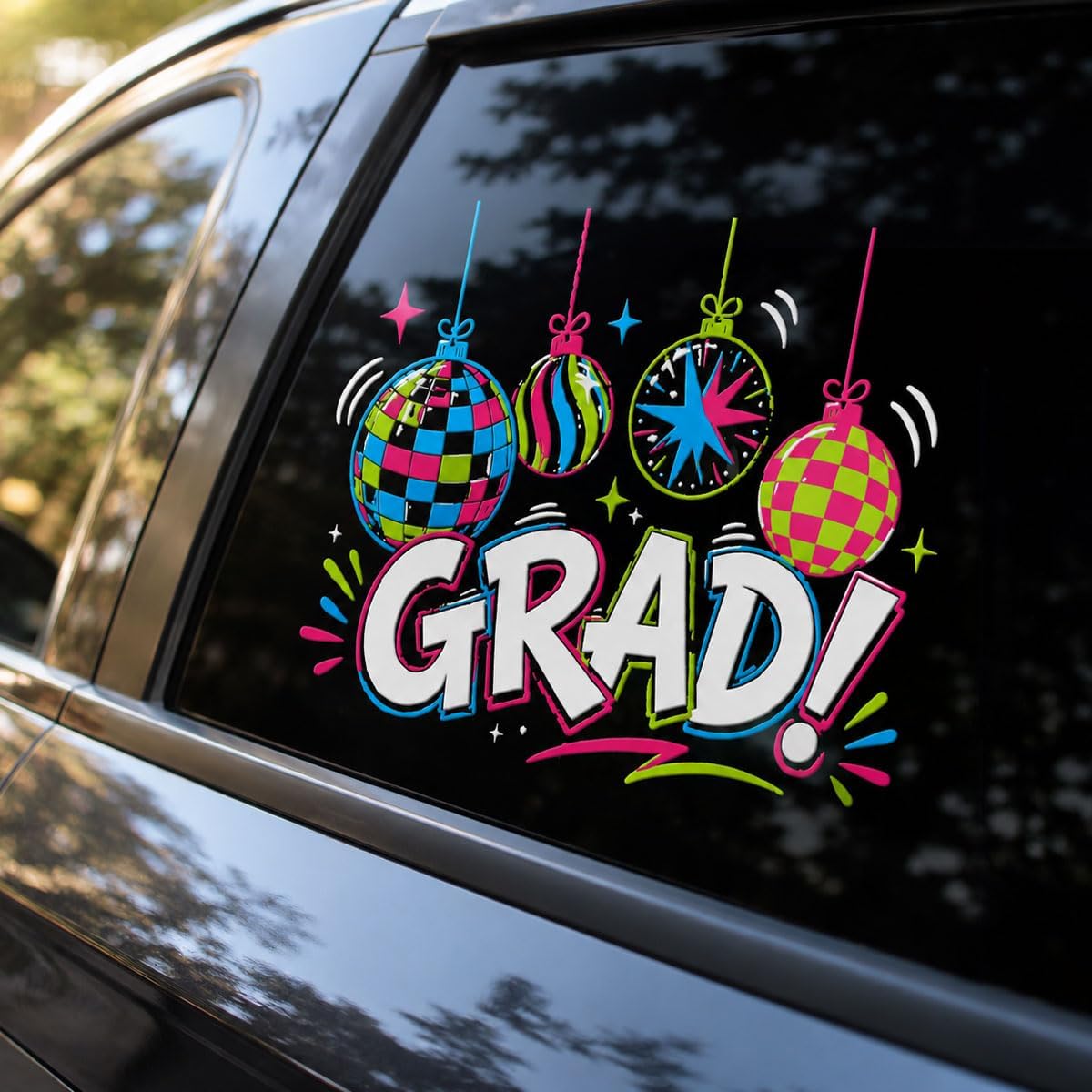 2PCS Grad UV DTF Decals, Colorful Disco Graduation Car Stickers, 10 Inch