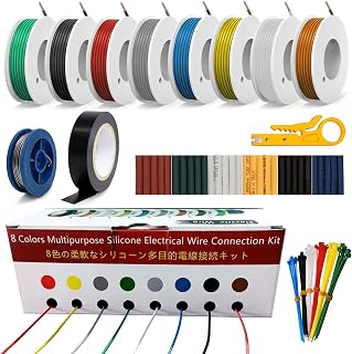 Amiph 24awg Electric Wiring Kit 8 Colors Cable 8x30ft Coil Cable DIY Wire Easy to Work Flexible Silicone Wire Included Tinned Wire Electrical Tape Tool Accessories Kit, 24AWG-8 Colors