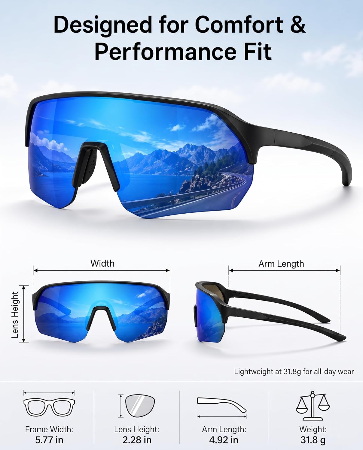 AXLR NOVA Cozy Sport Sunglasses, UV400 Protection, 3-Stage Adjustable Nose Pad, 2mm PC Polarized Shield Lens, TR90 Minimalist Frame with Adjustable Wire-Core Temples