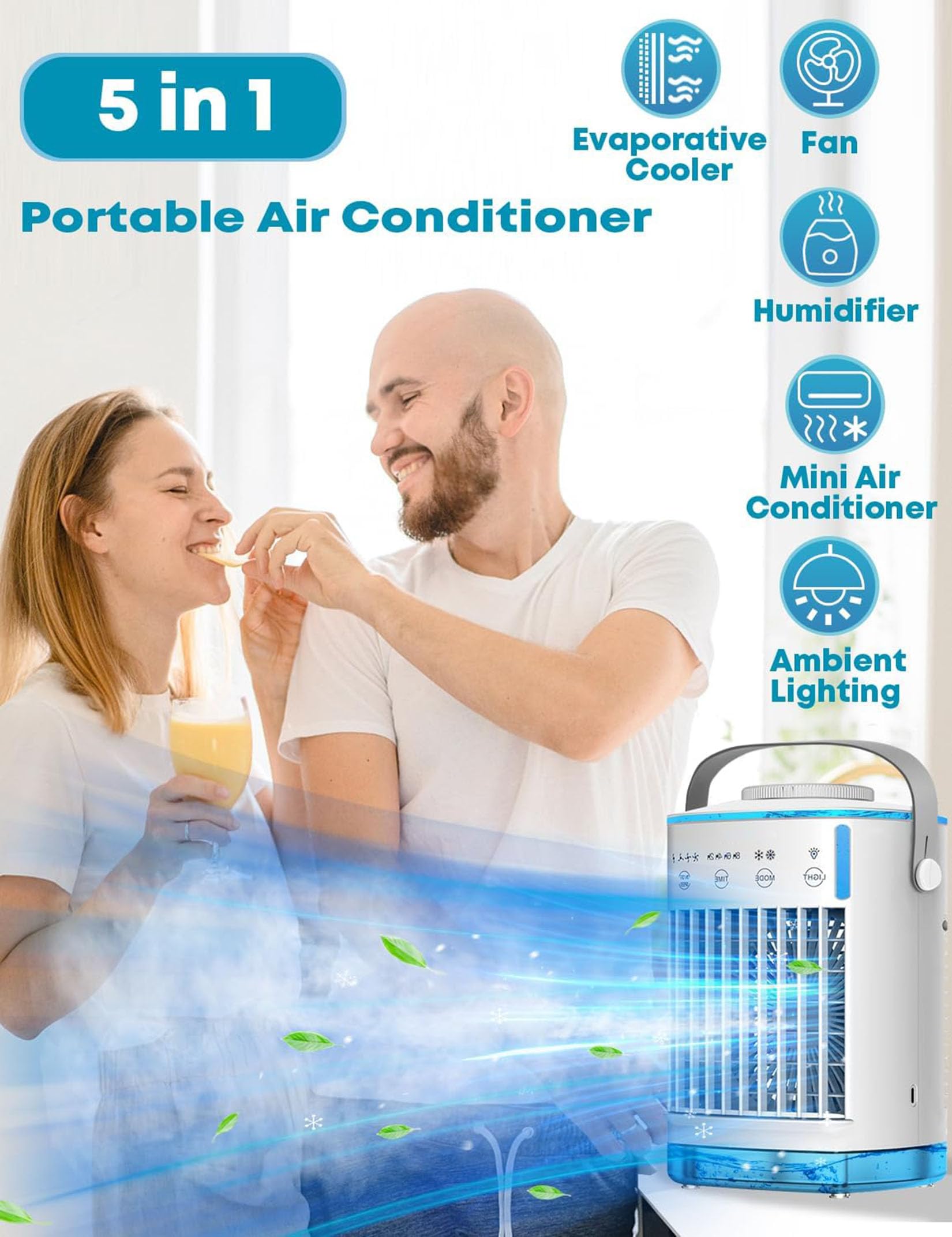 Condizionatore Portatile 4 In 1 Raffrescatore d'aria 700ML 3Velocità 2Modalità Nebbia Fredda Raffrescatore Evaporativo 180° Oscillazione Timer 10H Climatizzatore Portatile Senza Tubo Casa A