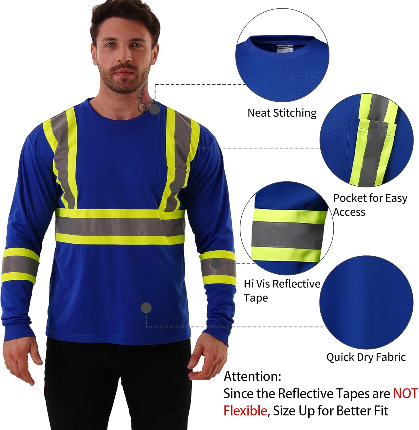 High Visibility Safety Shirts for Men, Hi Vis Class 3 Long Sleeve Reflective Construction Shirts - Image 2