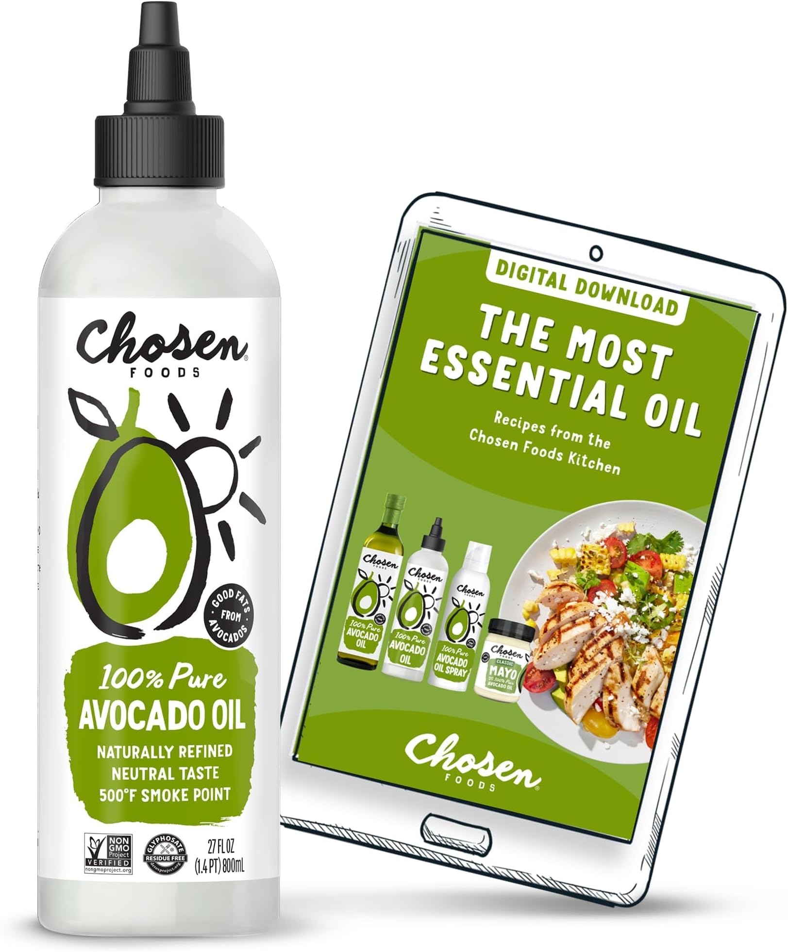 Chosen Foods 100% Pure Avocado Oil Squeeze Bottle - 27 Fl Oz - For Drizzling, Sautéing, Roasting, Searing, & Baking - High Smoke Point Cooking Oil - Kosher, Keto Friendly - With Recipe eBook