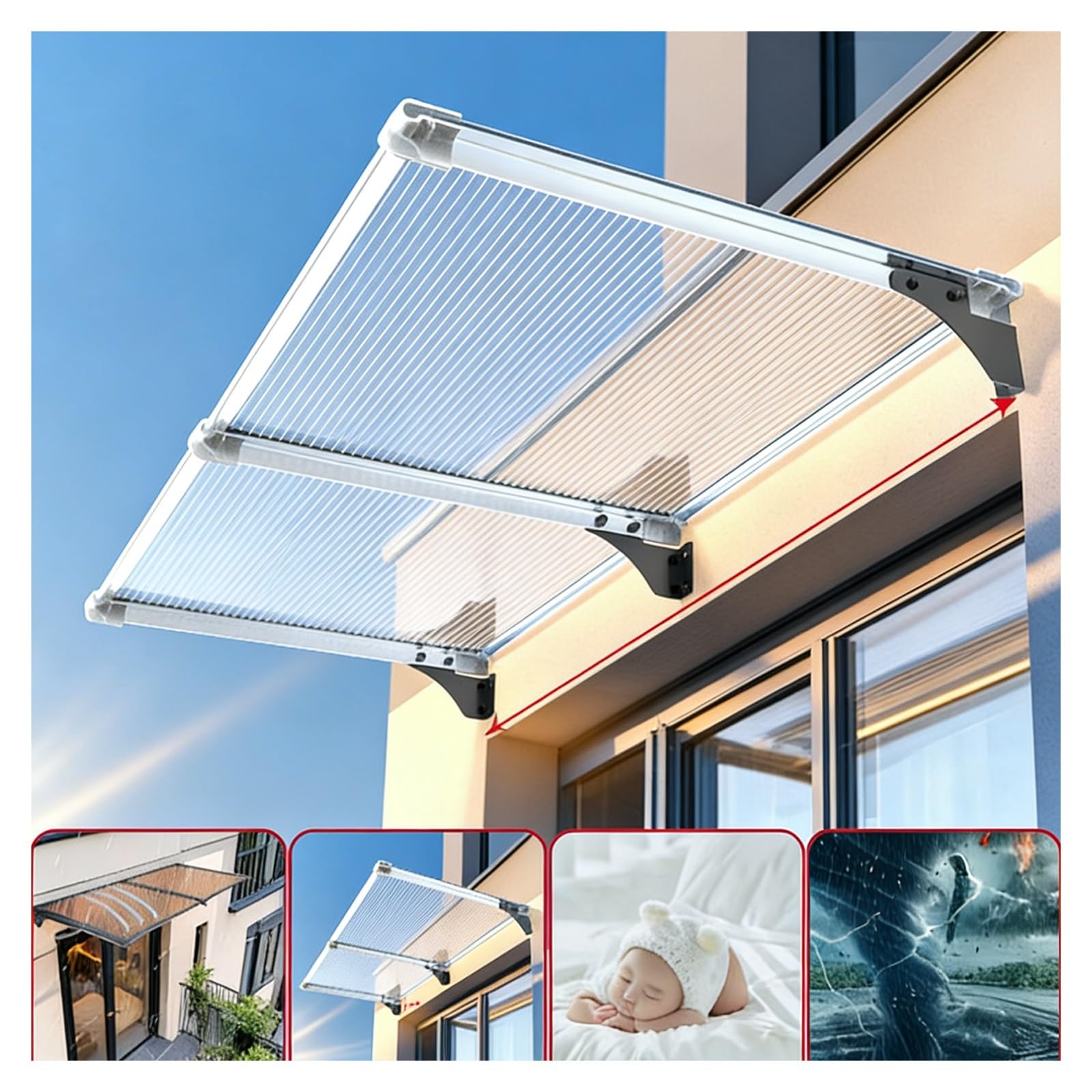 Markiza, zasłona przeciwsłoneczna z poliwęglanu do drzwi wejściowych, nawis okienny z aluminiowym wspornikiem, prosta konstrukcja twarzy (120 x 100 cm/47 x 39 cali) - wytrzymała osłona i