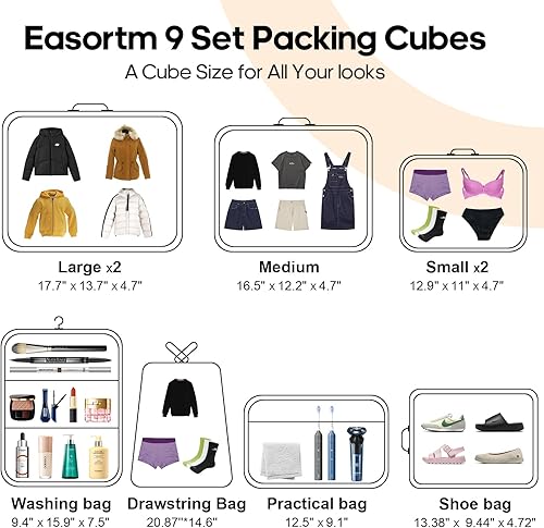 Miniatura 3 de Easortm Juego de 9 cubos de embalaje, bolsas organizadoras de viaje para equipaje de equipaje para equipaje de mano, organizador de viaje para